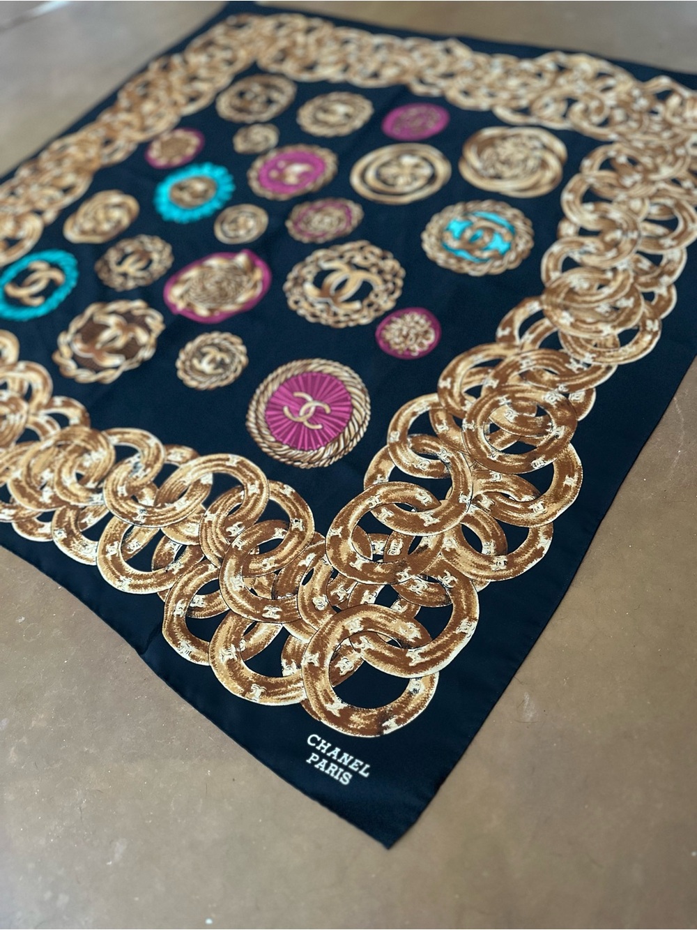 CHANEL Black Scarf with Gold Chain Border and Multicolor Medallions